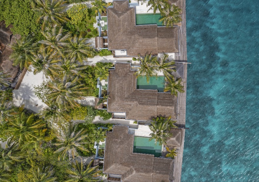 Aerial view of the Two Bedroom Ocean House with Pool at Naladhu Private Islands Maldives