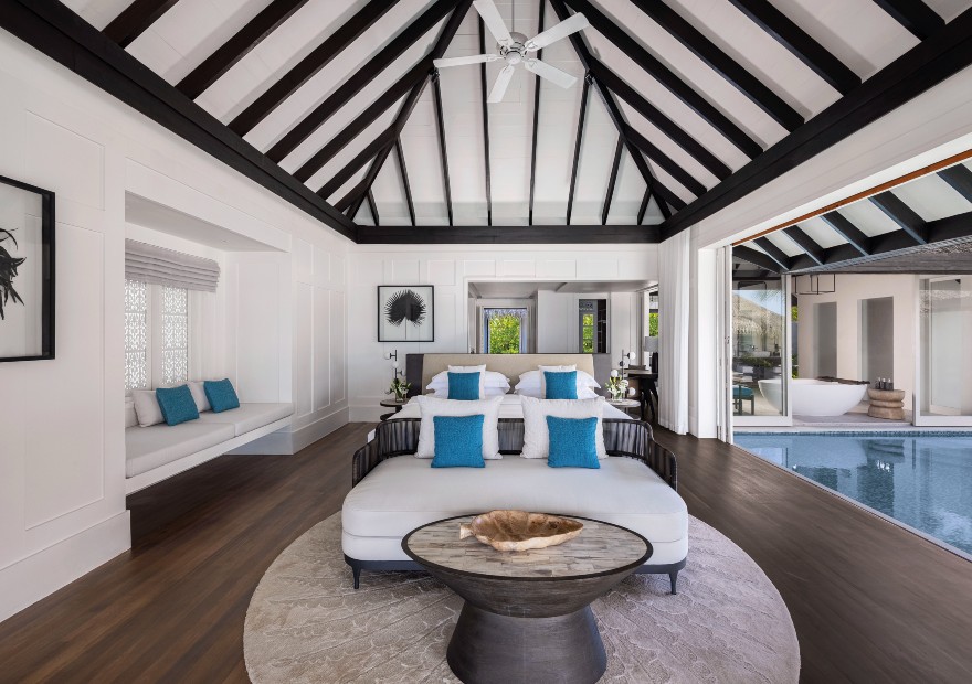 Guest bedroom of the Two Bedroom Ocean House with Pool at Naladhu Private Islands Maldives